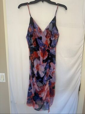 BCBGeneration Watercolor Floral Bodycon Midi Dress in Purple and Red